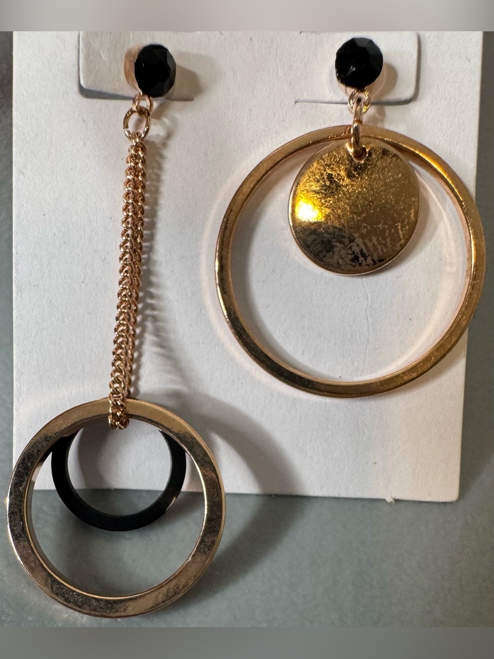 Gold Black Asymmetric Circle Drop Earrings vintage style retro chic statement